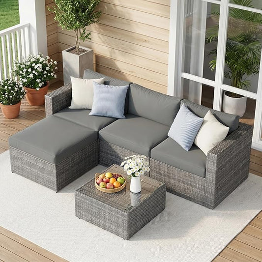 Wisteria Lane 5-Pieces Outdoor Patio Furniture Set, All Weather Wicker Rattan Sectional Sofa, Patio Conversation Set with Cushions & Glass Coffee Table for Backyard Porch Garden Balcony, Grey