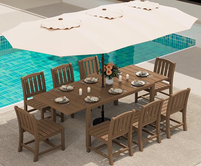 SERWALL 10-Piece Patio Dining Sets with 15FT Patio Umbrella, Brown | 60" - 83" Expandable Outdoor Dining Table and 8 HDPE Chairs, All Weather HDPE Outdoor Furniture Set