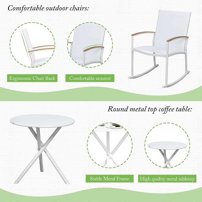 Shintenchi 3 Pieces Patio Rocking Bistro Sets,Outdoor Textilene Fabric Conversation Bistro Set,Front Porch Rocker Chairs Small Patio Furniture Set with Table for Lawn,Garden,Balcony(White)