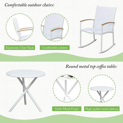 Shintenchi 3 Pieces Patio Rocking Bistro Sets,Outdoor Textilene Fabric Conversation Bistro Set,Front Porch Rocker Chairs Small Patio Furniture Set with Table for Lawn,Garden,Balcony(White)