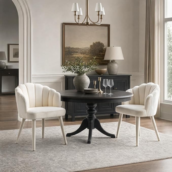 Hyfirm Velvet Dining Chairs Set of 2, Upholstered Modern Kitchen Dining Chairs with Petal Back & Fabric Covered Wooden Legs, Comfy Accent Armchairs for Bedroom/Kitchen/Vanity, Cream