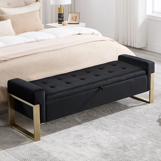 End of Bed Storage Bench, 67'' Benches for Bedroom Foot of Bed King Size, Upholstered Velvet Tufted Storage Ottoman Bench with Gold Legs for Window Living Room Entryway, Black