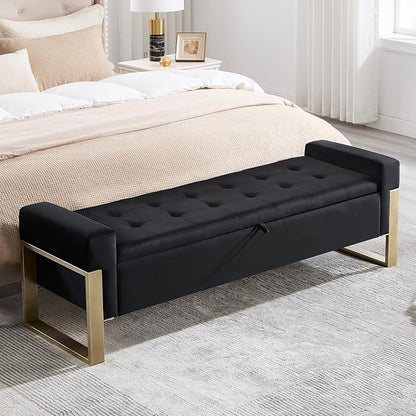 End of Bed Storage Bench, 67'' Benches for Bedroom Foot of Bed King Size, Upholstered Velvet Tufted Storage Ottoman Bench with Gold Legs for Window Living Room Entryway, Black