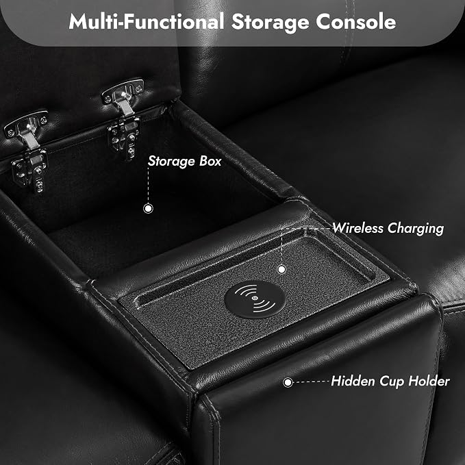 Watson & Whitely Power Reclining Sofa and Loveseat Sets, Genuine Leather Sofa Recliner Couch Set with Power Headrest, Storage Console, USB Ports, Cup Holders, Living Room Furniture Set, Black