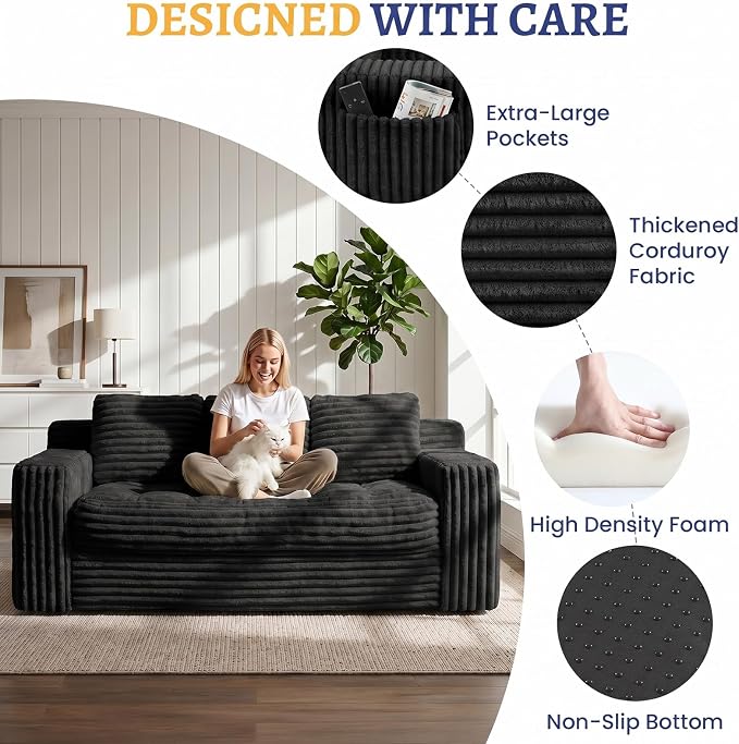 Boneless Couch, Cloud Loveseat Sofa Corduroy Couch in a Box, Upholstered Boneless 3 Seater Couch for Living Room Bedroom Office Apartment, No Assembly Required, Black
