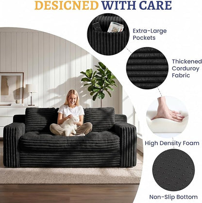 Boneless Couch, Cloud Loveseat Sofa Corduroy Couch in a Box, Upholstered Boneless 3 Seater Couch for Living Room Bedroom Office Apartment, No Assembly Required, Black