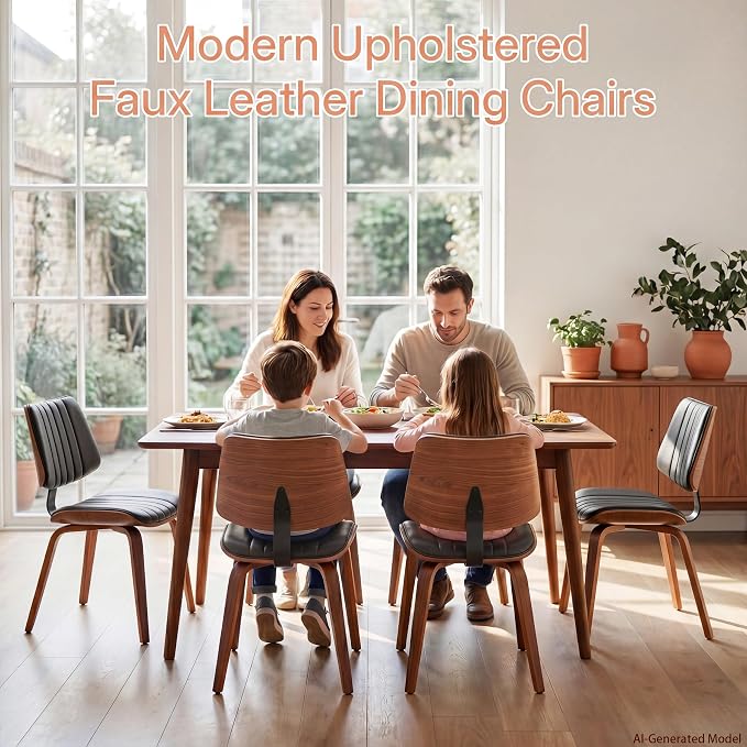 Armless Dining Chairs Set of 4, Walnut Black | Set of 4 armless chairs with ergonomic walnut bentwood back. Premium faux leather upholstery for lasting comfort