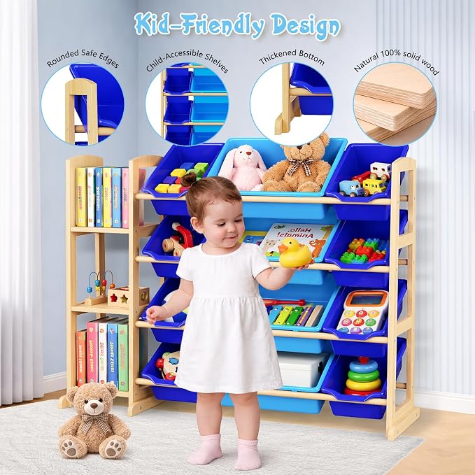 Kids Toy Storage Organizer with Bookshelf – Wooden Shelf with 12 Bins & 3 Shelves, Quick Assembly Storage Rack for Playroom, Bedroom, Nursery– Blue