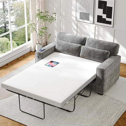 Marsail Pull Out Sofa Bed, Full Size Sleeper Sofa with Memory Foam Mattress, 2 USB Charging and Removable Covers, Loveseat for Living Room, Apartment, Supports 600 LBS, Chenille Fabric, Grey