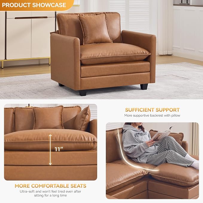 WUTUTUEE 41'' Modern Leather Oversized Chair, Upholstered Accent Living Room Chair with Extra Thicked Deep Seat, Single Lounge Chair for Bedroom, Small Apartment, Leather Light Brown