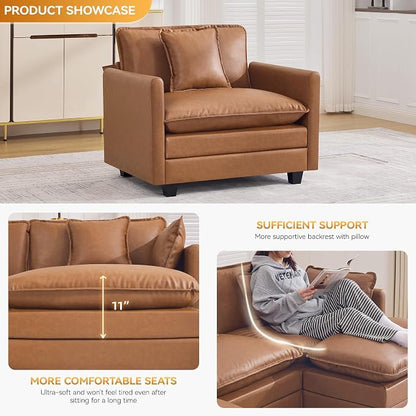 WUTUTUEE 41'' Modern Leather Oversized Chair, Upholstered Accent Living Room Chair with Extra Thicked Deep Seat, Single Lounge Chair for Bedroom, Small Apartment, Leather Light Brown