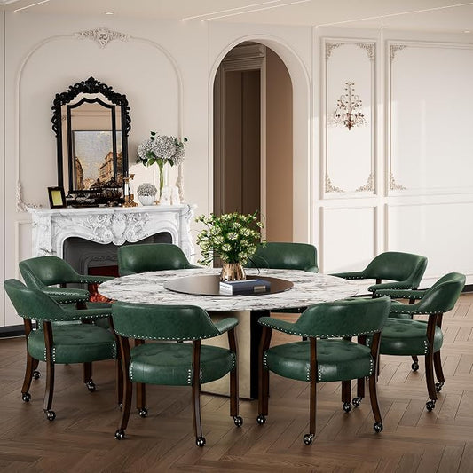 LEEMTORIG Set of 6 Large Dining Chairs with Casters and Arms, Rolling Dining Chairs with Wheels, Game Poker Chairs, Boss Caption's Chairs, 26" Dx25.2 Wx31.5 H, Espresso Legs & Green PU, XXY-1910-GN