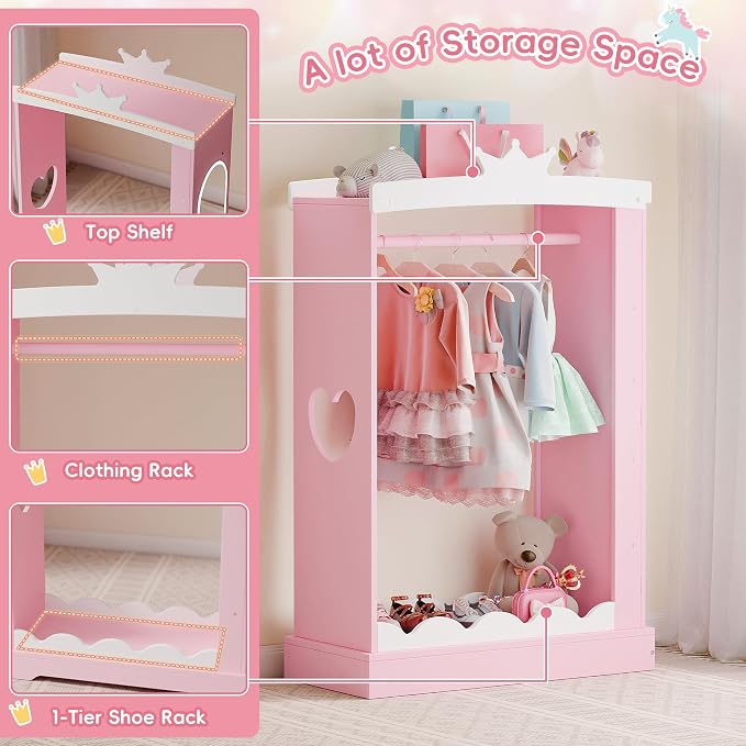 Xilingol Kids Armoire with Jewelry Cabinet, Dress up Storage with Mirror, Princess Dress Closet and Costumes Wardrobe Closet, Costume Organizer for Bedroom, Kids Room, Girls (Pink)