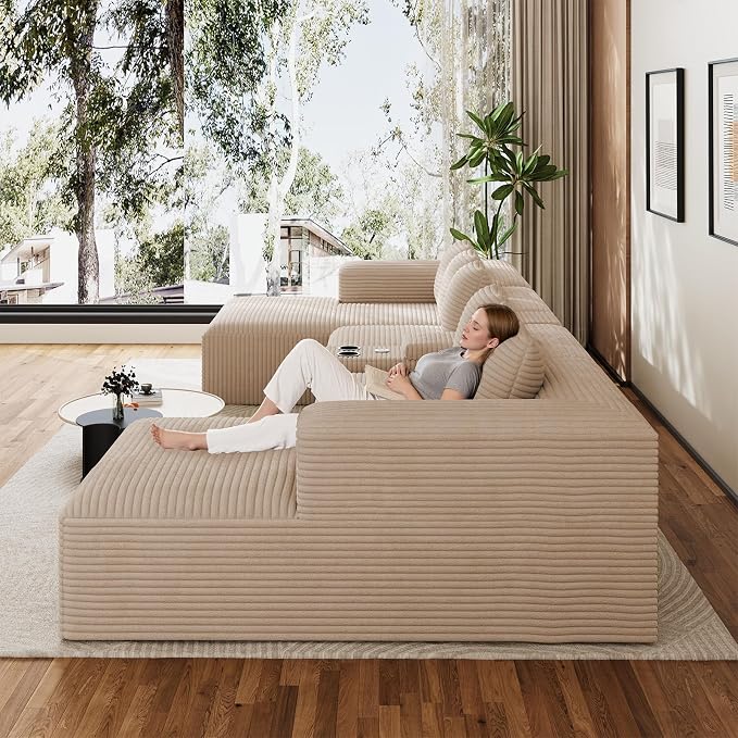 143" Oversized U Shaped Cloud Sectional Couches for Living Room, Comfy Fluffy Corduroy Beige Boneless Couch, Large Modular Sectional Sofa Set with Chaise, Cup Holder, USB Port, Storage Console