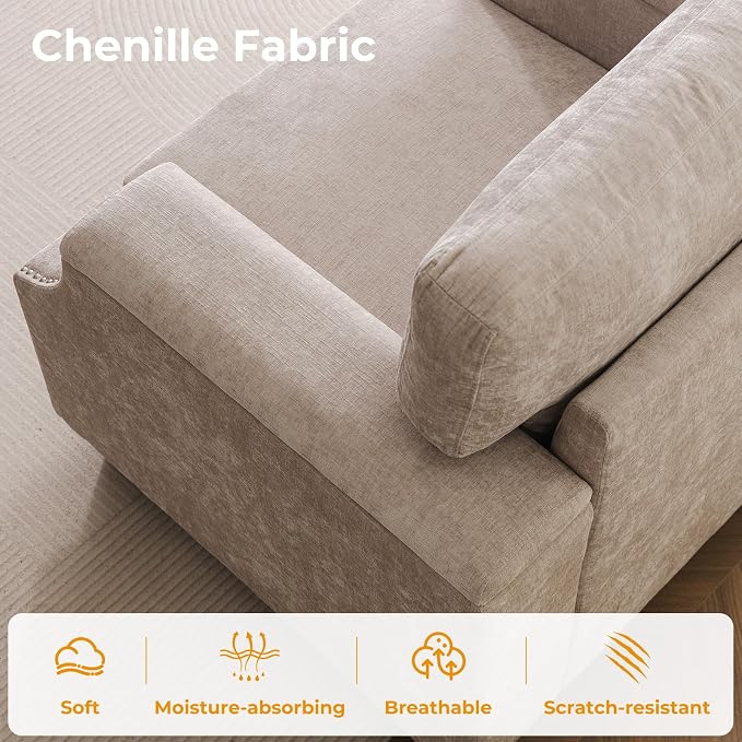 Rexulqo 85'' L Shaped Couch with Armrest Organizer,Comfy 3 Seats Sofa with Storage Ottoman,Chenille Sectional Couches for Living Room,Bedroom,Apartment,Sofa Set with Oversized Chair,Khaki