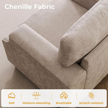 Rexulqo 85'' L Shaped Couch with Armrest Organizer,Comfy 3 Seats Sofa with Storage Ottoman,Chenille Sectional Couches for Living Room,Bedroom,Apartment,Sofa Set with Oversized Chair,Khaki