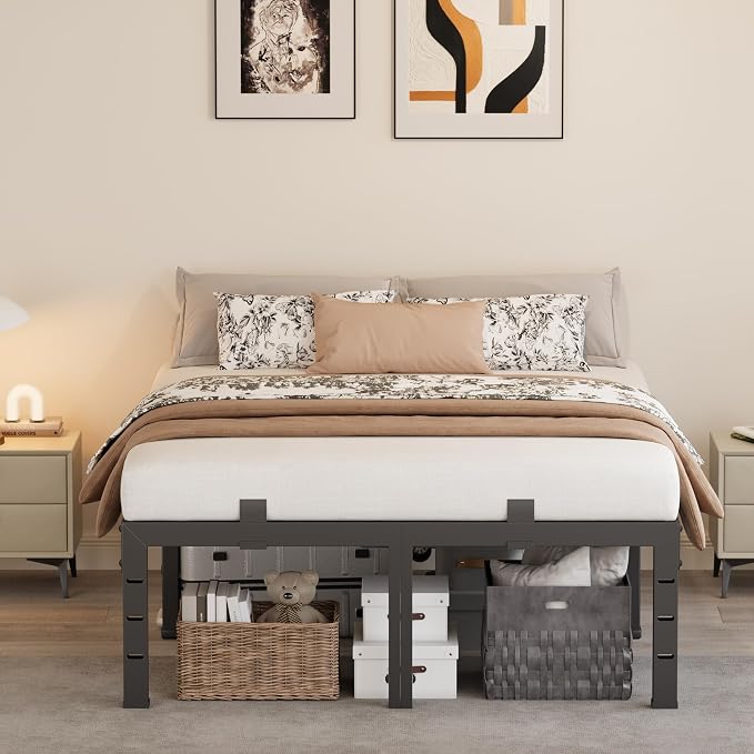 18 Inch Queen Bed Frames,Heavy Duty Metal Queen Size Platform 3500 lbs Capacity, No Box Spring Needed, 6 Mattress Slide Stopper, Headboard Holes, Noise-Free, Easy Assembly, Black