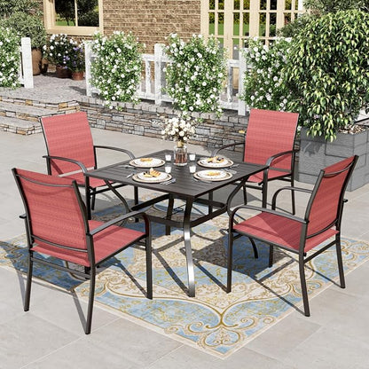 HERA'S HOUSE Red Patio Dining Set for 4, 5 Piece Outdoor Table and Chairs Set, 4 x Textilene Dining Chair, 37" Square Metal Dining Table, for Lawn Garden Backyard Deck