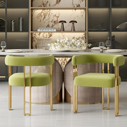Hyfirm Green and Gold Modern Dining Chairs Set of 2, Velvet Upholstered Barrel Armchairs with Metal Legs for Kitchen Island, Mid Century Accent Chairs for Dining Room Living Room, Open-Back