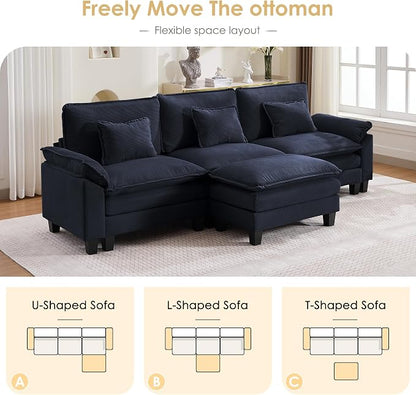 122" Corduroy Modular Sectional Sofa, Convertible L Shaped Modular Sofa Comfy Cloud Couch with Ottoman, Side Pockets and 3 Throw Pillows for Living Room, Blue, 4 Seats