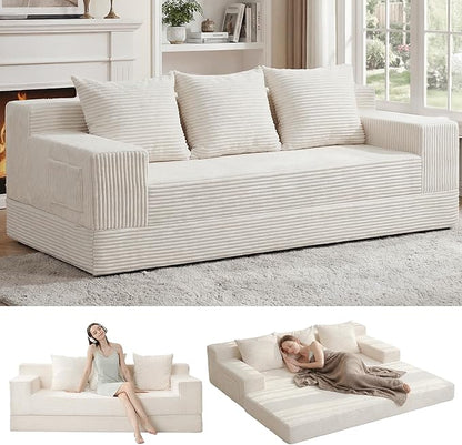 Erament Convertible Futon Sofa Bed Couch, 78'' Corduroy Folding Sofas Bed, Compression Boneless Floor Couch Sofa Beds with 3 Pillows for Living Room Bedroom Apartment