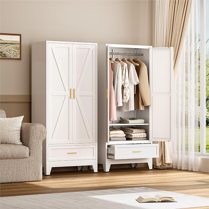 YAUWOH Farmhouse Wardrobe Cabinet with One Drawers,Metal Wardrobe Closet with Hanging Rod,Metal Armoire with Adjustable Shelves for Bedroom,Cloak Room,Office (White)