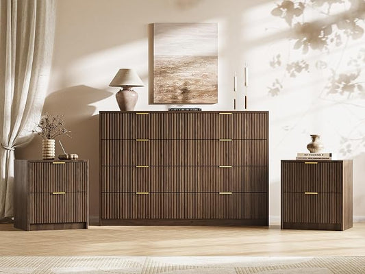 MAISONARIA 3-Piece Dresser Bedroom Set, 8 Drawer Dresser & 2 Drawer Nightstands with Gold Handles, Fluted Wood Chest of Drawers for Bedroom, Living Room, Entryway, Walnut