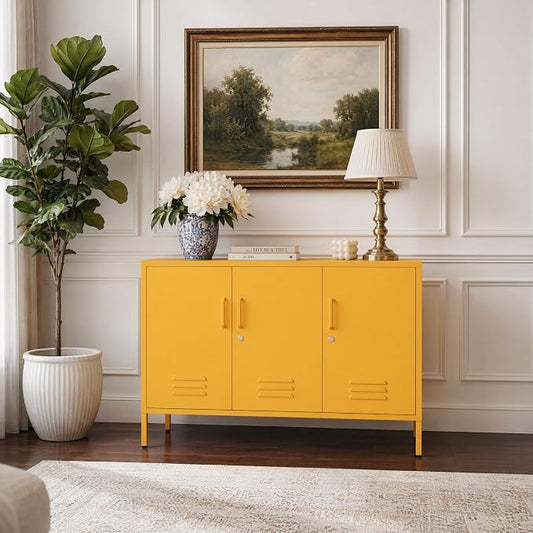 Yellow Wide Metal Storage Cabinet, 32" H Heavy Duty Steel Locker with Lock, 2 Adjustable Shelves & Ventilated Doors for Home Office Kitchen Living Room