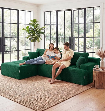Hobestluk Modular Sectional Sofa Couches L-Shape Couch 3 Seat Modular Sofa Memory Foam Sectional Couches for Living Room, Cloud Couch with Oversized Chaise (Emerald Corduroy, 96", Left Hand Facing)