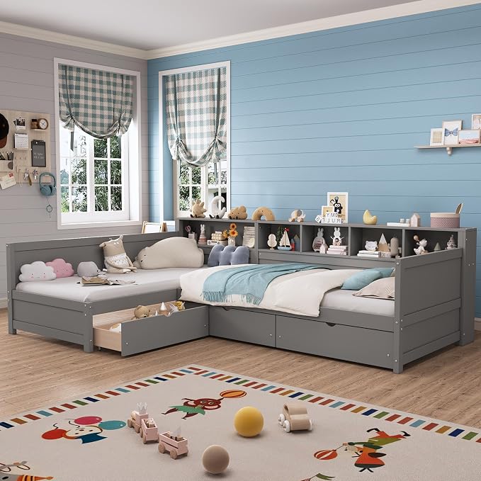 Bellemave L Shaped Corner Bed for 2 Kids, Double Twin Platform BedFrame with Storage Drawers and Shelves, Gray