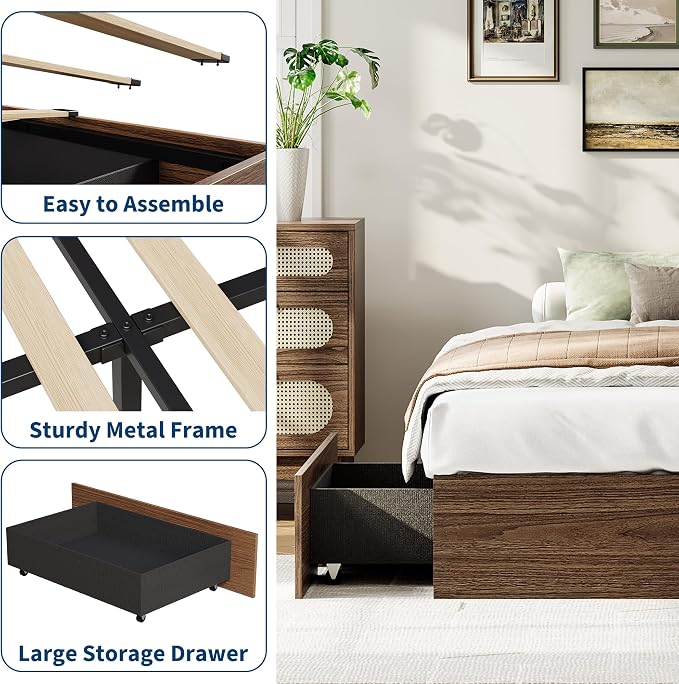 GarveeHome Twin Size Wood Platform Bed Frame with 2 Storage Drawers, Wooden Bed Frame Without Headboard, Wood Slat Support, No Box Spring Needed, Easy Assembly