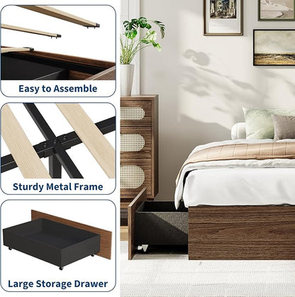 GarveeHome Twin Size Wood Platform Bed Frame with 2 Storage Drawers, Wooden Bed Frame Without Headboard, Wood Slat Support, No Box Spring Needed, Easy Assembly