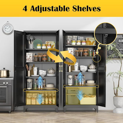 SteeLoong Kitchen Pantry Cabinet,75”Black Metal Storage Cabinets with Doors and 4 Adjustable Shelves,Kitchen Cabinet with 2 Gold Handles,Tall Cabinet for Livingroom, Bathroom