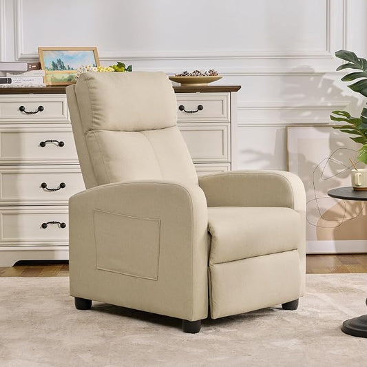 Recliner Chair for Living Room, Modern Adjustable Home Theater Seating Single Sofa Manual Push Back Armchair with Soft Linen Upholstery & High Backrest for Small Spaces, Linen-Cream