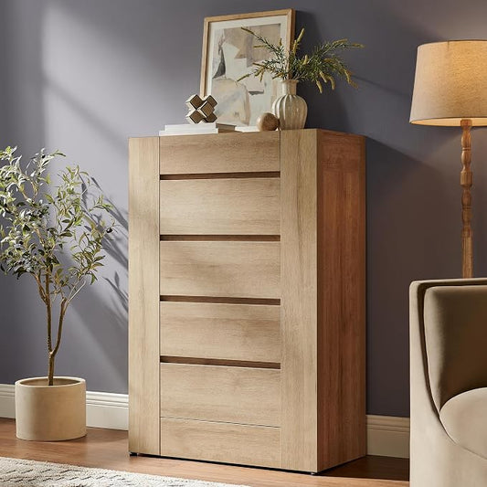 OKD 5 Drawer Dresser for Bedroom, 48" Tall Dresser Chest of Drawers with Thick Wood Design, Handleless, Modern Bedroom Dresser, Storage Organizer for Living Room/Entryway, Natural Oak