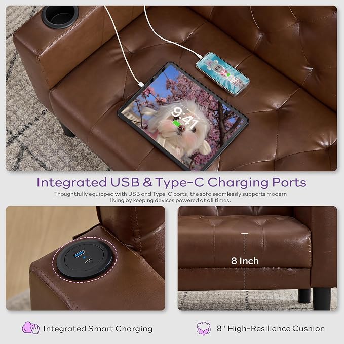 TYBOATLE 62" W Leather Loveseat w/Chairs, 3 Piece Sofa Sets for Living Room w/ 2 USB Charger Ports and 2 Cupholders, Living Room Furniture Sets of 3 (3, Brown)