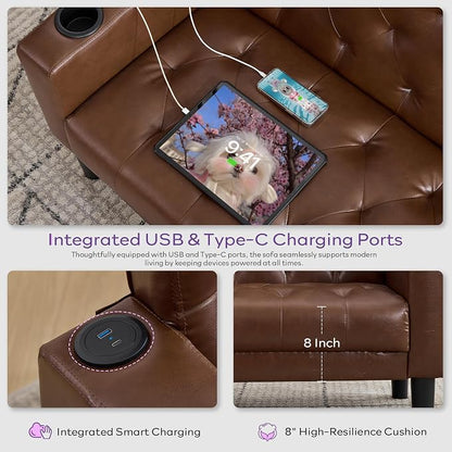 TYBOATLE 62" W Leather Loveseat w/Chairs, 2 Piece Sofa Sets for Living Room w/ 2 USB Charger Ports and 2 Cupholders, Living Room Furniture Sets of 2 (2, Brown)
