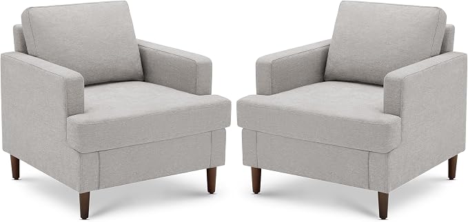 Weture Mid-Century Accent Chair,Modern Linen Fabric Armchair for Living Room,Comfy Upholstered Reading Accent Chairs for Bedroom,Single Sofa Chair with Wood Legs (Light Grey, 2 Pack)