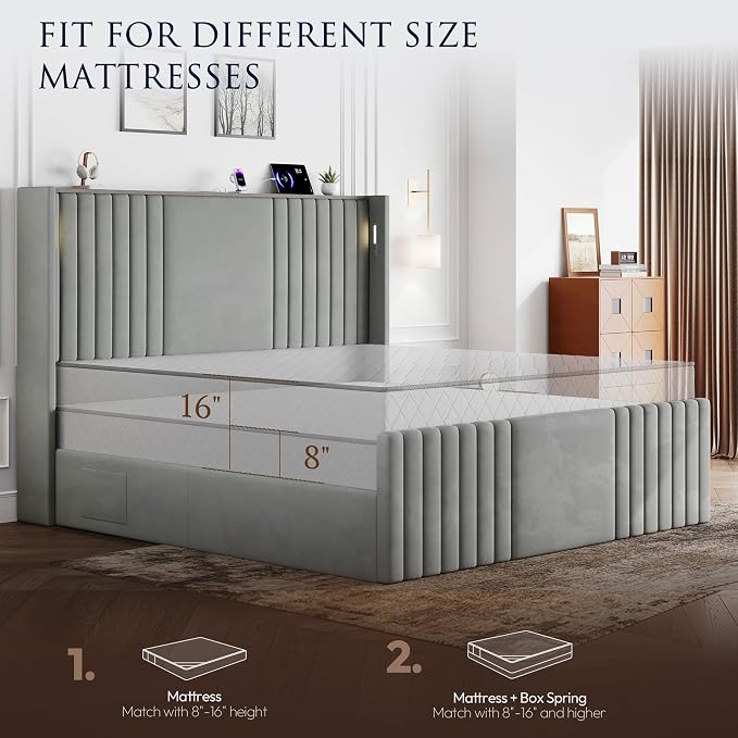 King Size Bed Frame with 55.1" Tall Headboard, Velvet Upholstered Platform Bed with Channel Tufted Wingback, 2 Reading Lights/Storage Shelf/Charging Station/Easy Assembly/Noise-Free, Grey