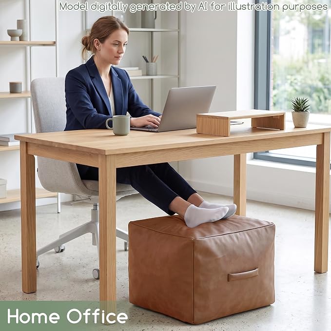 HIGOGOGO Square Stuffed Pouf Ottoman, Pu Leather Poufs with Foam Chunk Filling, Furry and Fluffy Pouf Foot Stool Storage Ottoman,26x18 Inches Floor Poufs Foot Rest for Living Room, Brown