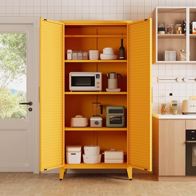 61" Tall Yellow Kitchen Pantry Cabinet, Farmhouse Metal Pantry Storage Cabinets, with 2 Louvered Door and 3 Adjustable Shelves, Multipurpose Storage Organizer, for Home, Entryway, Kids Room