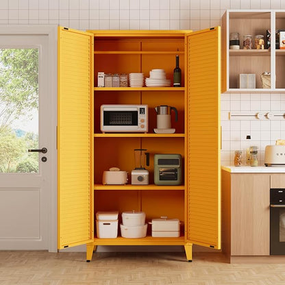 61" Tall Yellow Kitchen Pantry Cabinet, Farmhouse Metal Pantry Storage Cabinets, with 2 Louvered Door and 3 Adjustable Shelves, Multipurpose Storage Organizer, for Home, Entryway, Kids Room