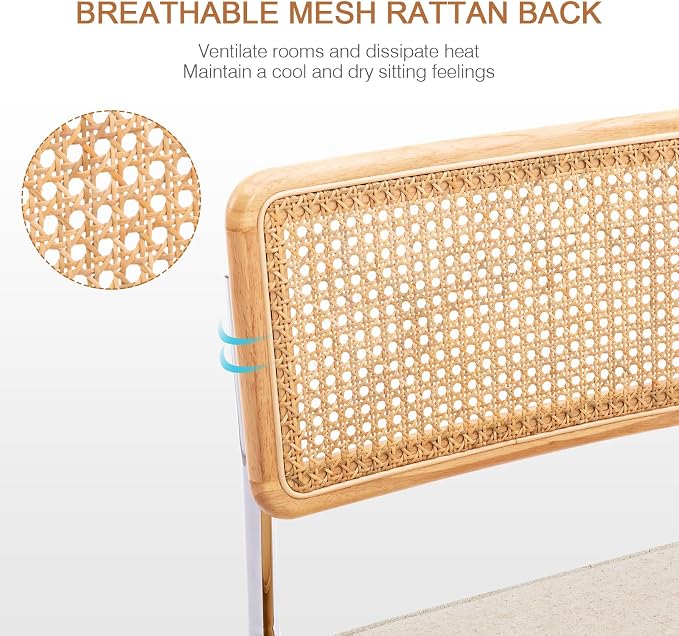 Zesthouse Natural Rattan Dining Chairs Set of 2, Mid Century Modern Dining Chairs with Solid Wood Back & Chrome Base, for Kitchen Living Room, Breuer Design Inspired, Upholstered Linen Fabric, Beige