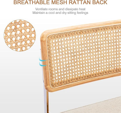 Zesthouse Natural Rattan Dining Chairs Set of 2, Mid Century Modern Dining Chairs with Solid Wood Back & Chrome Base, for Kitchen Living Room, Breuer Design Inspired, Upholstered Linen Fabric, Beige