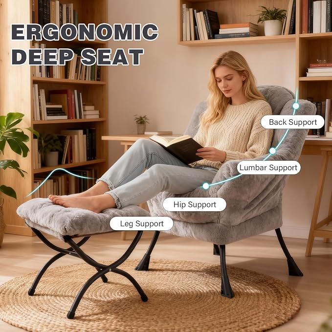 Lazy Chair with Ottoman, Modern Accent Lounge Leisure Sofa with Armrests, Reading Chair and Folding Footstool for Living Room, Bedroom, Office, Plush Grey