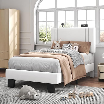 Feonase Twin Platform Bed Frame, Velvet Upholstered Twin Bed Frame, Solid Wood Slats & Heavy Duty Feet Support, No Box Spring Needed, Noise-Free, Easy Assembly, White