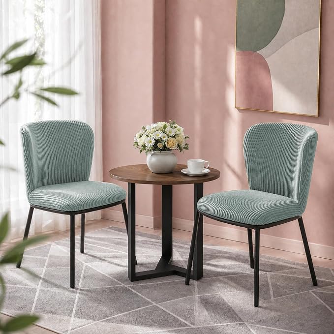 SIMTONAL Upholstered Dining Chairs Set of 4, Corduroy Armless Kitchen Chairs with Memory Foam Seat, Black Metal Legs, Mid Century Modern Accent Seating for Apartment, Vanity, [Sage Green]