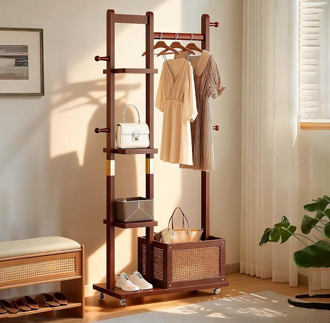Wood Clothes Rack with Storage, 4 Shelves, 4 Hooks, Garment Rack with wheels, Coat Rack Freestanding, Clothing Rack Heavy Duty Hall Tree for Living Room Hallway, Office (3in1-856)