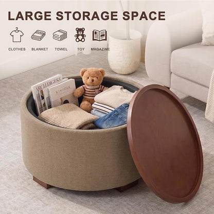 29.1 Inch Round Ottoman Coffee Table, Ottoman with Storage, Boucle Camel | Storage Ottoman with Removable Lid Top, Solid Wood Legs, Round Ottoman for Living Room, Bedroom, Apartments