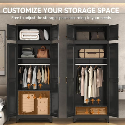 Polup Metal Armoire Closet, 86 Inch Tall Wardrobe Armoire with Hanging Rod, Wardrobe Closet for Clothes with Doors, 18" D x 32" W x 86" H,Black, Assemble Required, Shipped in Two Packages